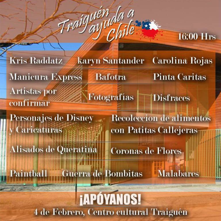 Evento «Traiguén Ayuda a Chile» en Casa de la Cultura este Sábado 4 de Febrero