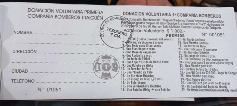 Primera Compañia de Bomberos de Traiguén Realizará Rifa a Beneficio : Número en Ventas